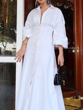 Buttoned Solid Color High Waisted Long Sleeves Lapel Maxi Dresses